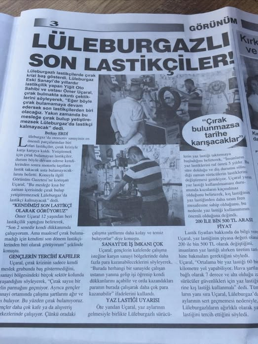 Lüleburgazlı Son Lastikçiler Gazete Haberi